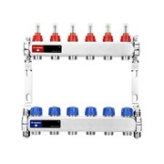 Коллектор Varmega VM151 1 х3/4 , 6вых., c вентилями, с расходомерами, сталь нерж., синий VM15106