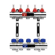 Коллектор Varmega VM154 1 х3/4 , 5вых., c вентилями, с расходомерами, латунь никелир., синий VM15405