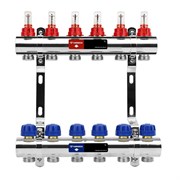 Коллектор Varmega VM154 1 х3/4 , 6вых., c вентилями, с расходомерами, латунь никелир., синий VM15406