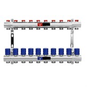 Коллектор Varmega VM158 1 х3/4 , 10вых., c вентилями, латунь никелир., синий VM15810