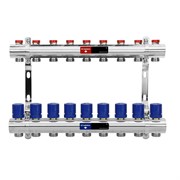 Коллектор Varmega VM158 1 х3/4 , 9вых., c вентилями, латунь никелир., синий VM15809